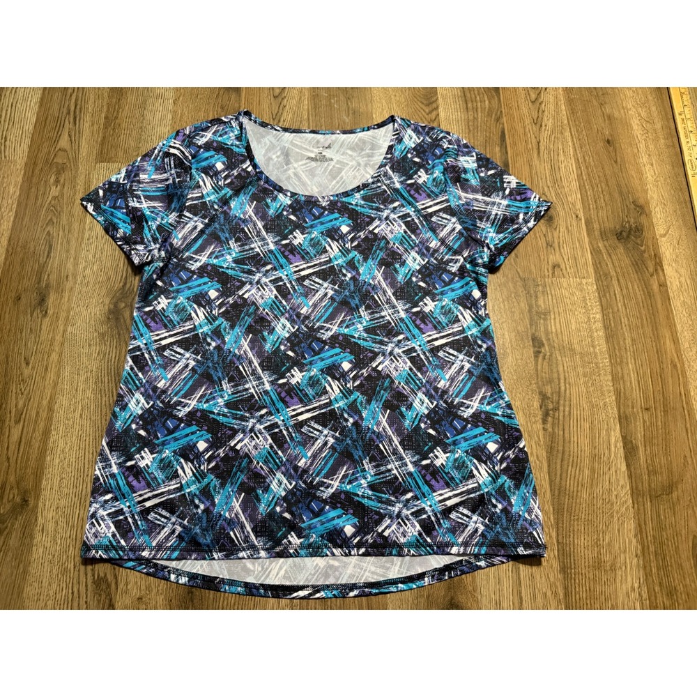 Exertek Shirt Women Size XL Blue Short Sleeve Abstract Print Activewear